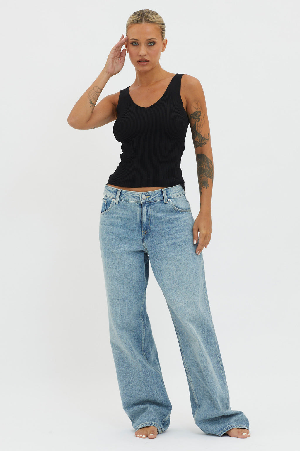 Off-Duty V-Neck Ribbed Knit Top Black by Selfie Leslie