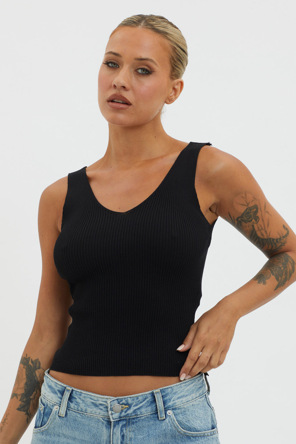 Off-Duty V-Neck Ribbed Knit Top Black by Selfie Leslie