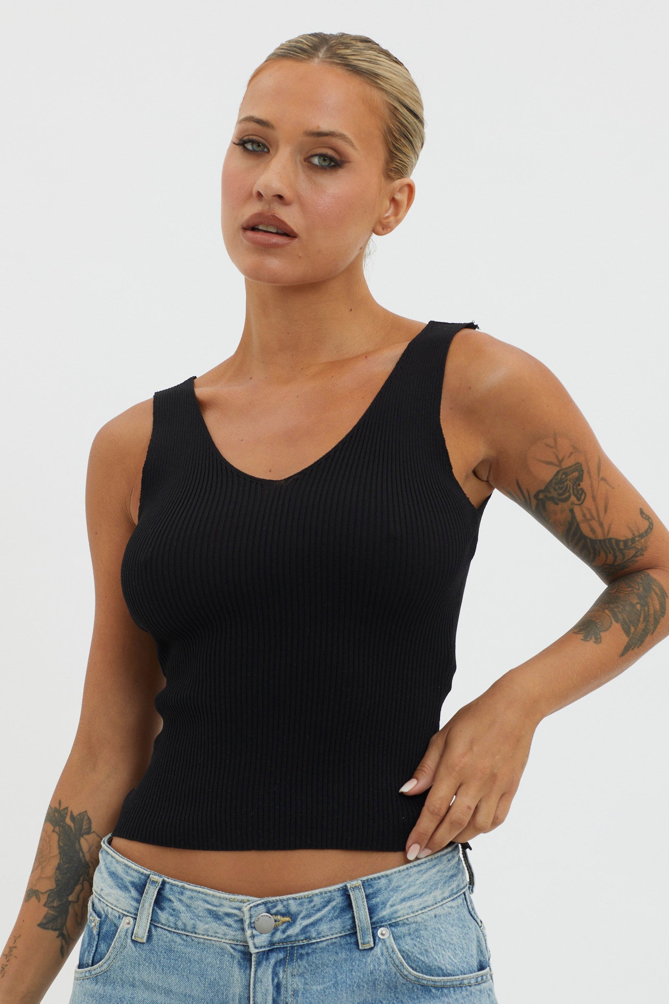 Off-Duty V-Neck Ribbed Knit Top Black by Selfie Leslie