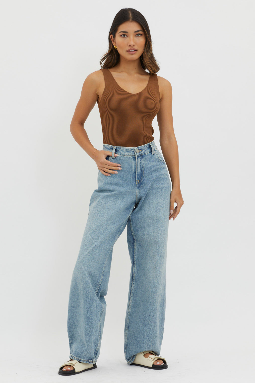 Off-Duty V-Neck Ribbed Knit Top Chocolate by Selfie Leslie