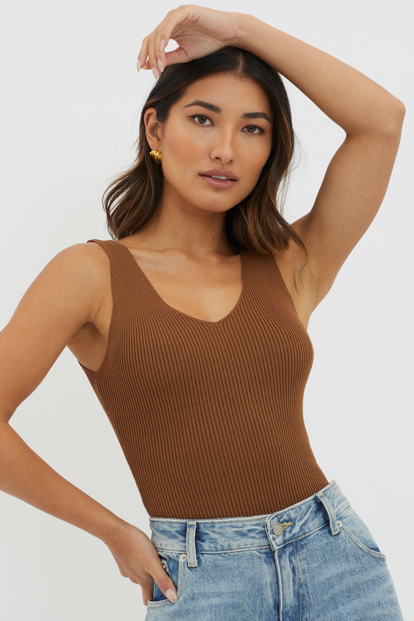Off-Duty V-Neck Ribbed Knit Top Chocolate by Selfie Leslie