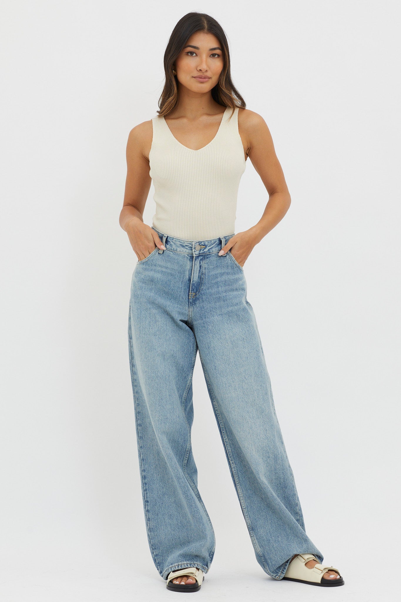 Off-Duty V-Neck Ribbed Knit Top Cream by Selfie Leslie