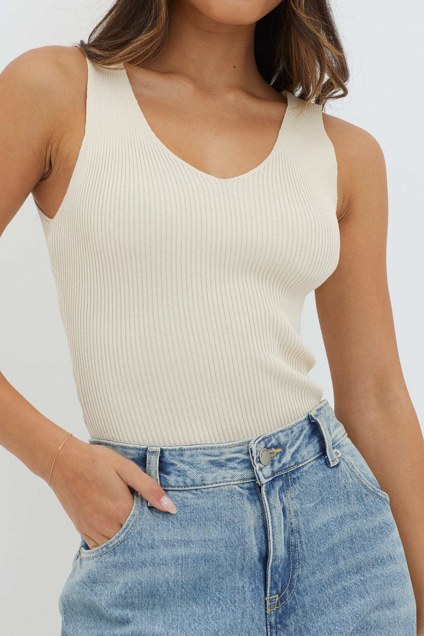 Off-Duty V-Neck Ribbed Knit Top Cream by Selfie Leslie