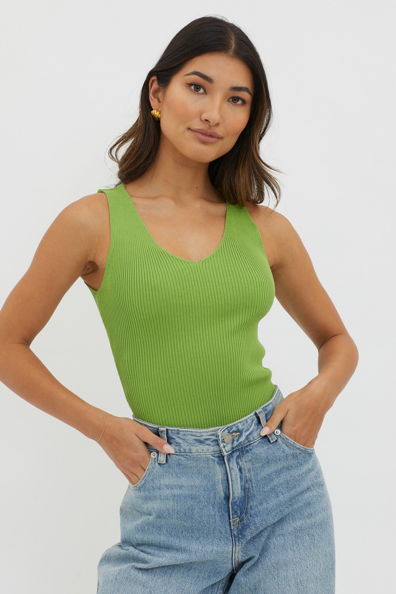 Off-Duty V-Neck Ribbed Knit Top Green by Selfie Leslie