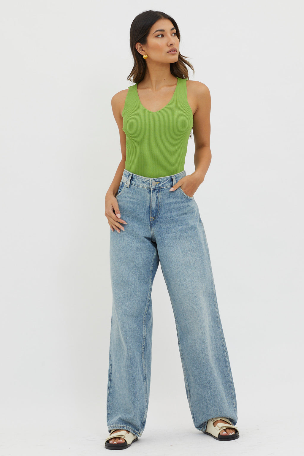 Off-Duty V-Neck Ribbed Knit Top Green by Selfie Leslie
