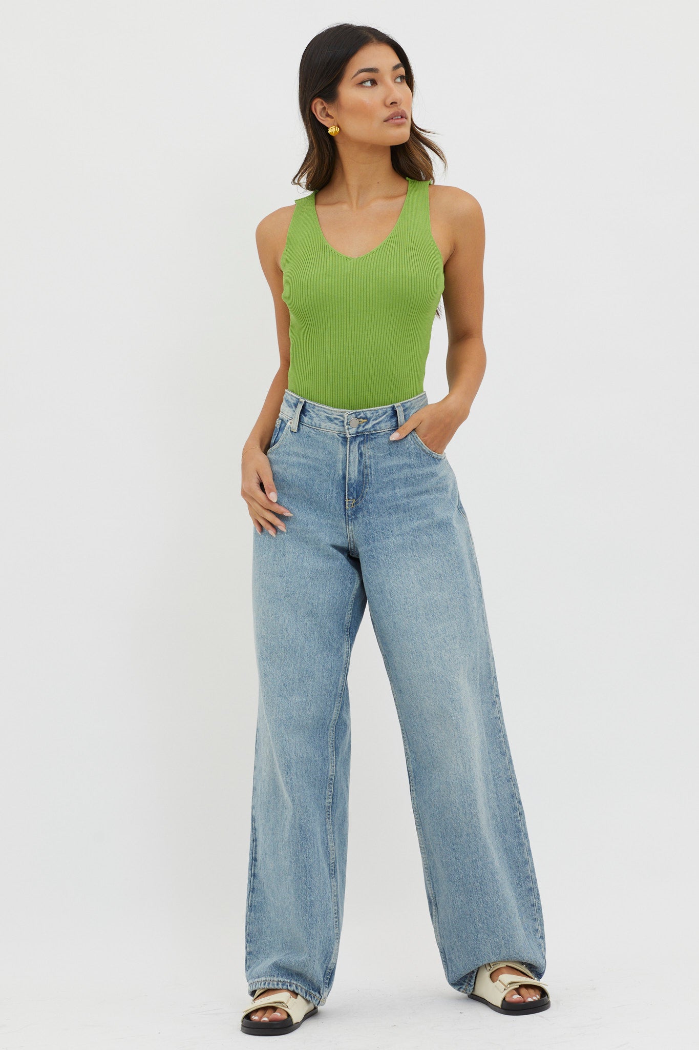 Off-Duty V-Neck Ribbed Knit Top Green by Selfie Leslie