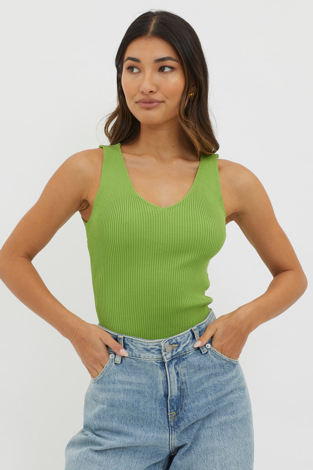 Off-Duty V-Neck Ribbed Knit Top Green by Selfie Leslie