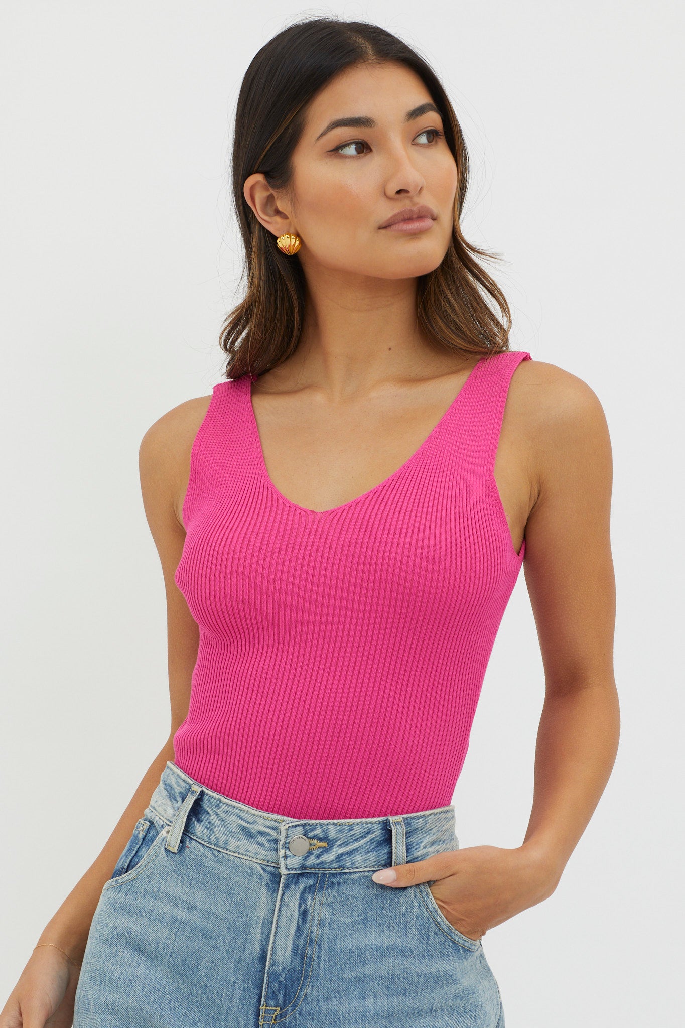 Off-Duty V-Neck Ribbed Knit Top Hot Pink by Selfie Leslie