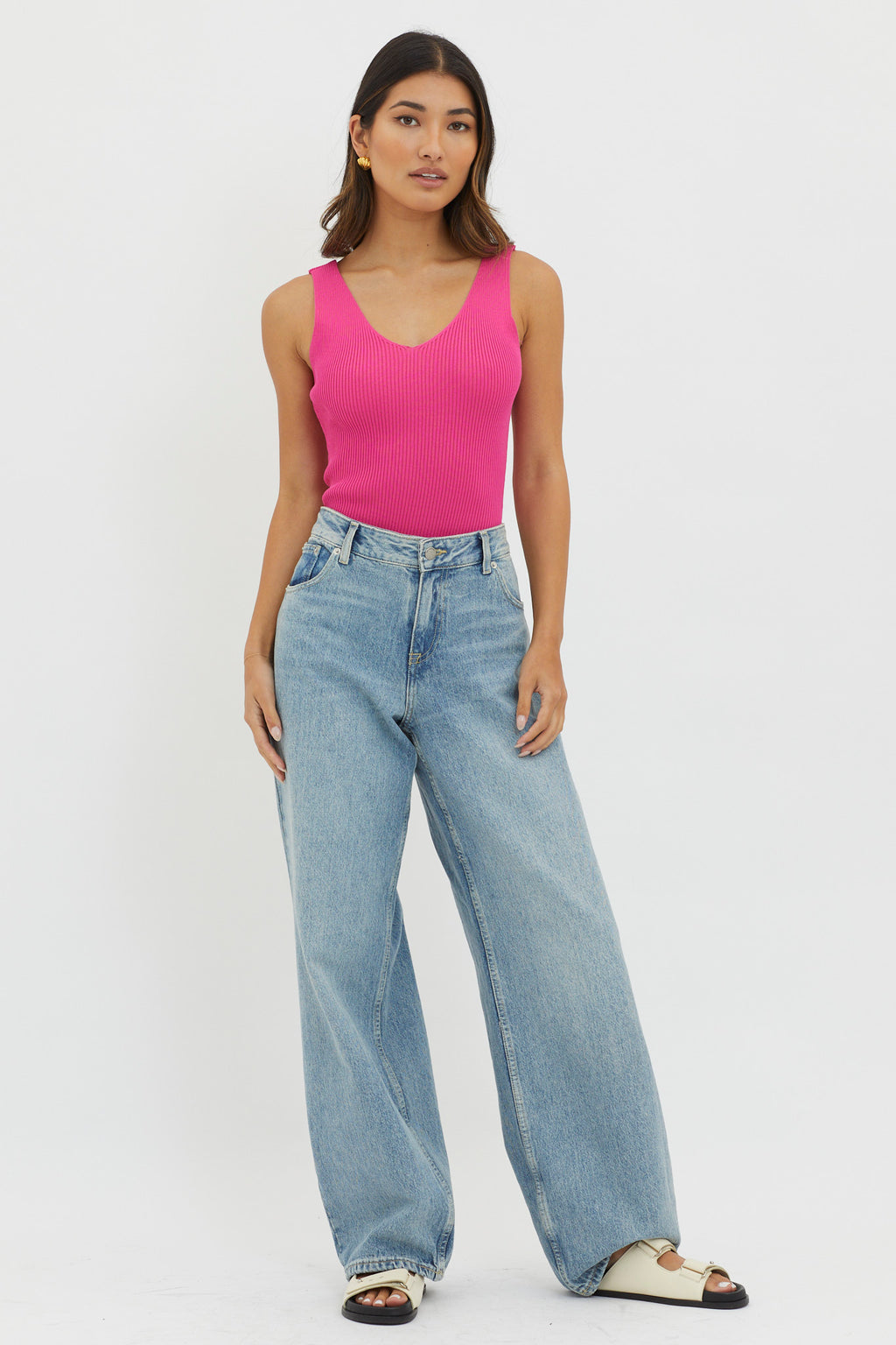 Off-Duty V-Neck Ribbed Knit Top Hot Pink by Selfie Leslie