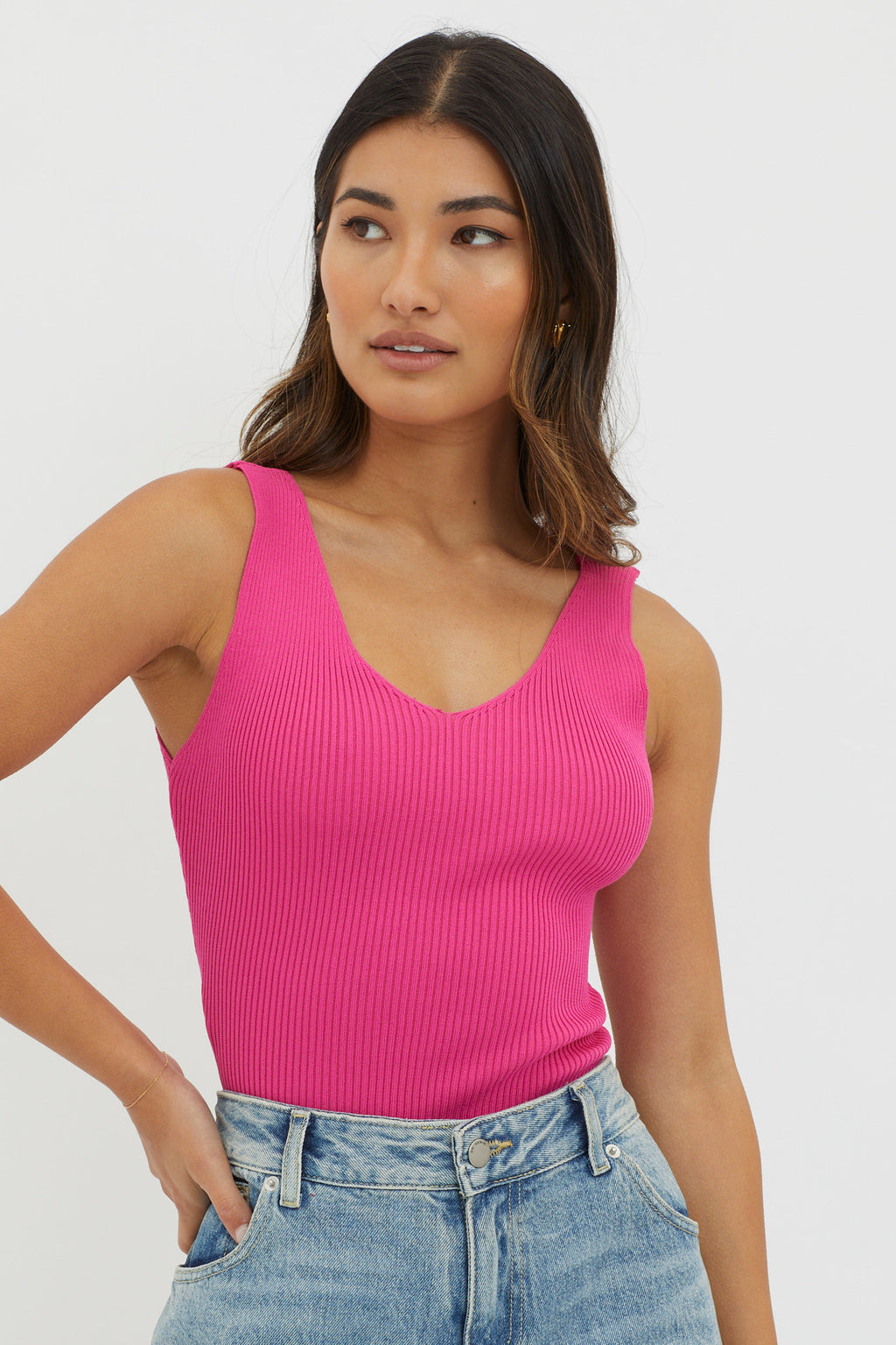 Off-Duty V-Neck Ribbed Knit Top Hot Pink by Selfie Leslie