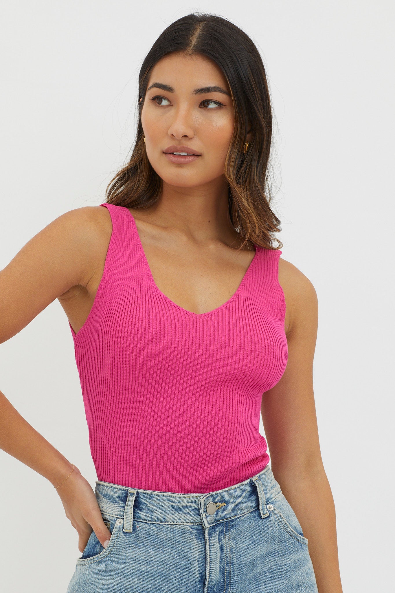 Off-Duty V-Neck Ribbed Knit Top Hot Pink by Selfie Leslie