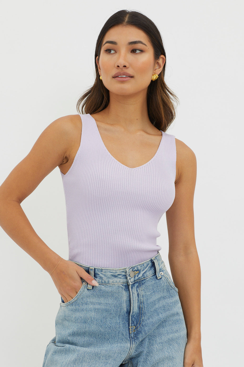Off-Duty V-Neck Ribbed Knit Top Lilac by Selfie Leslie