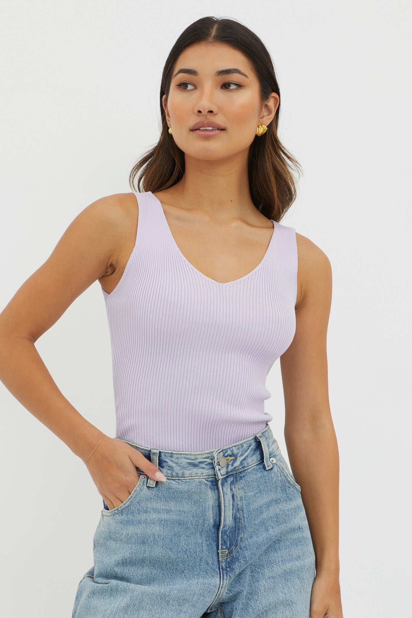Off-Duty V-Neck Ribbed Knit Top Lilac by Selfie Leslie