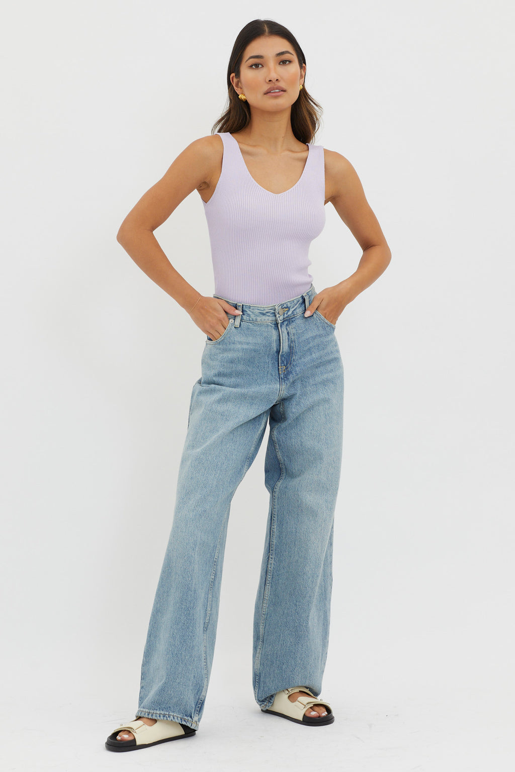 Off-Duty V-Neck Ribbed Knit Top Lilac by Selfie Leslie