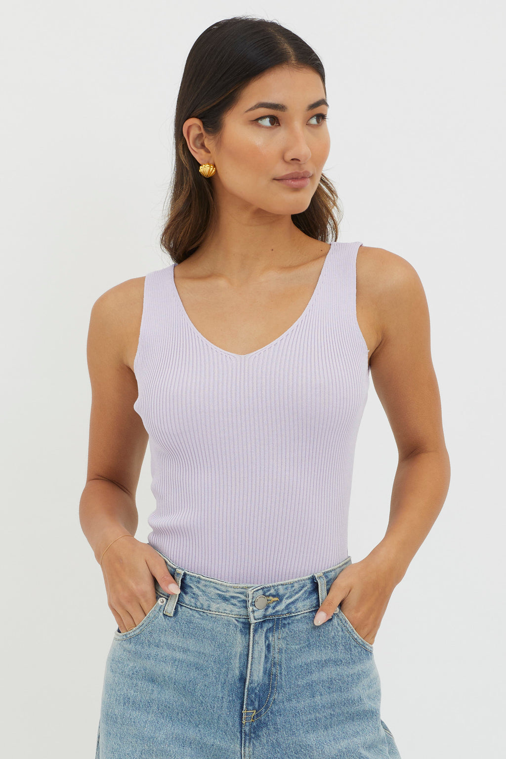 Off-Duty V-Neck Ribbed Knit Top Lilac by Selfie Leslie