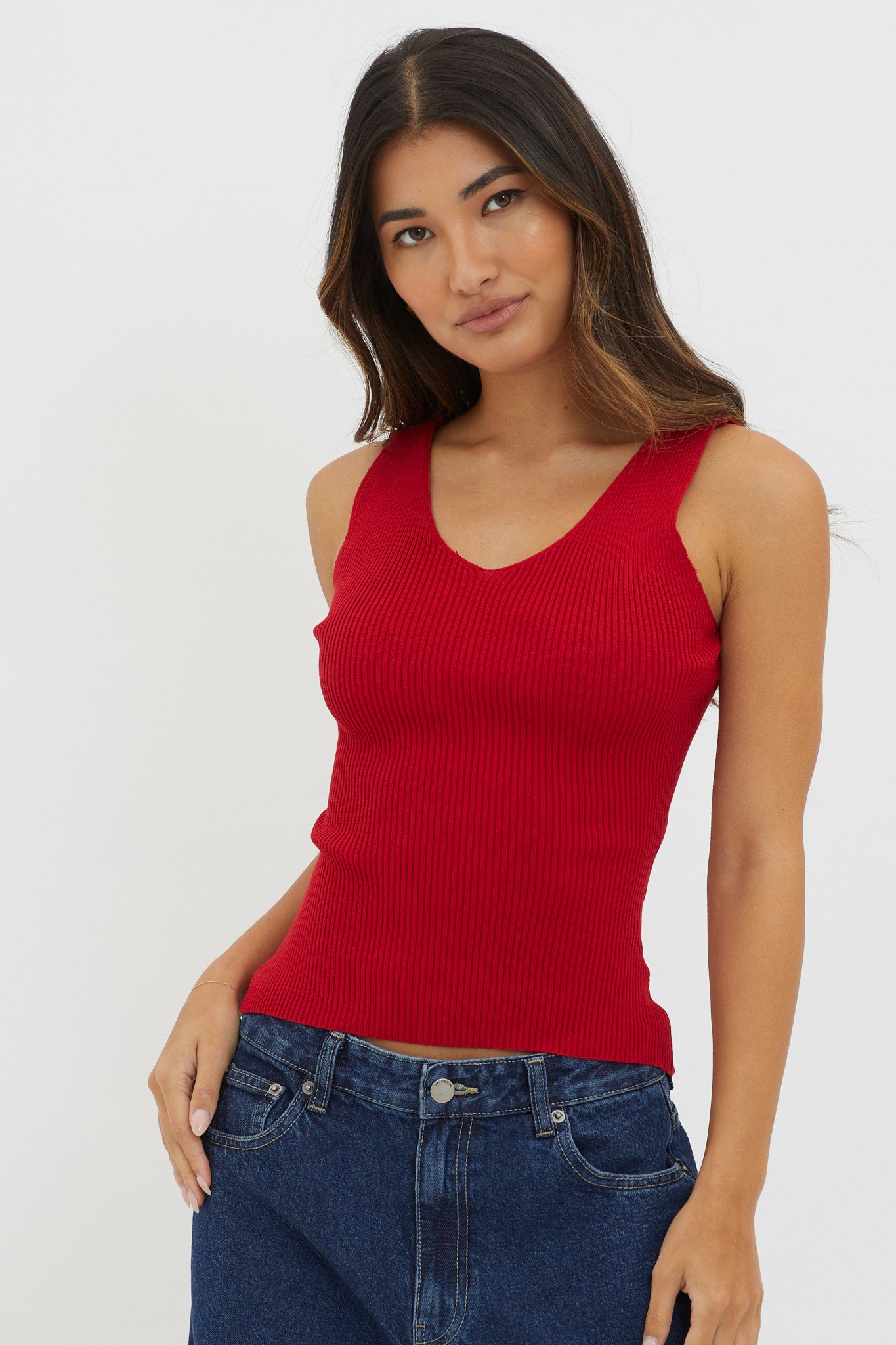 Off-Duty V-Neck Ribbed Knit Top Maroon by Selfie Leslie