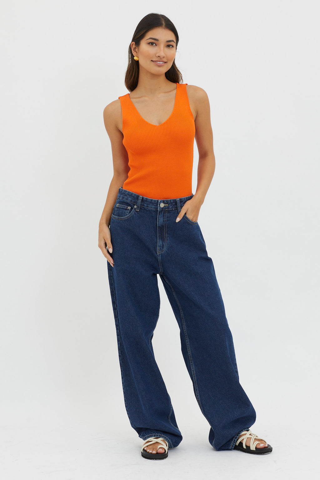 Off-Duty V-Neck Ribbed Knit Top Orange by Selfie Leslie