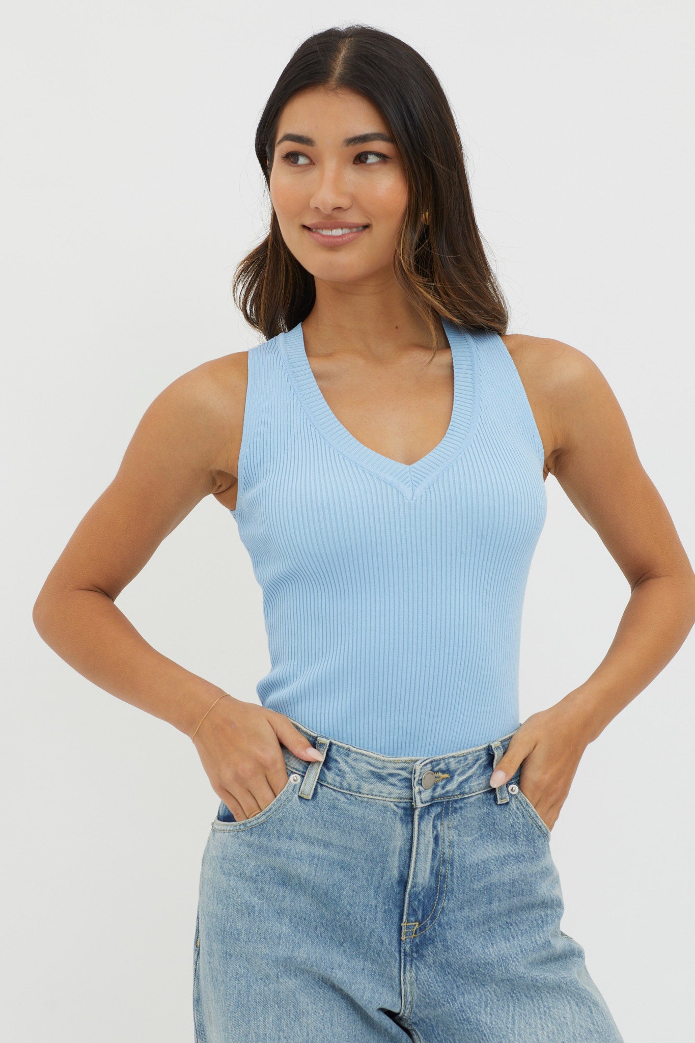 D'Lila V-Neck Ribbed Knit Top Baby Blue | Selfie Leslie