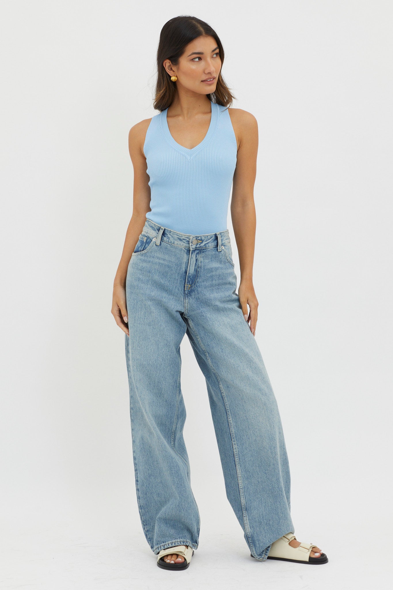 D'Lila V-Neck Ribbed Knit Top Baby Blue by Selfie Leslie