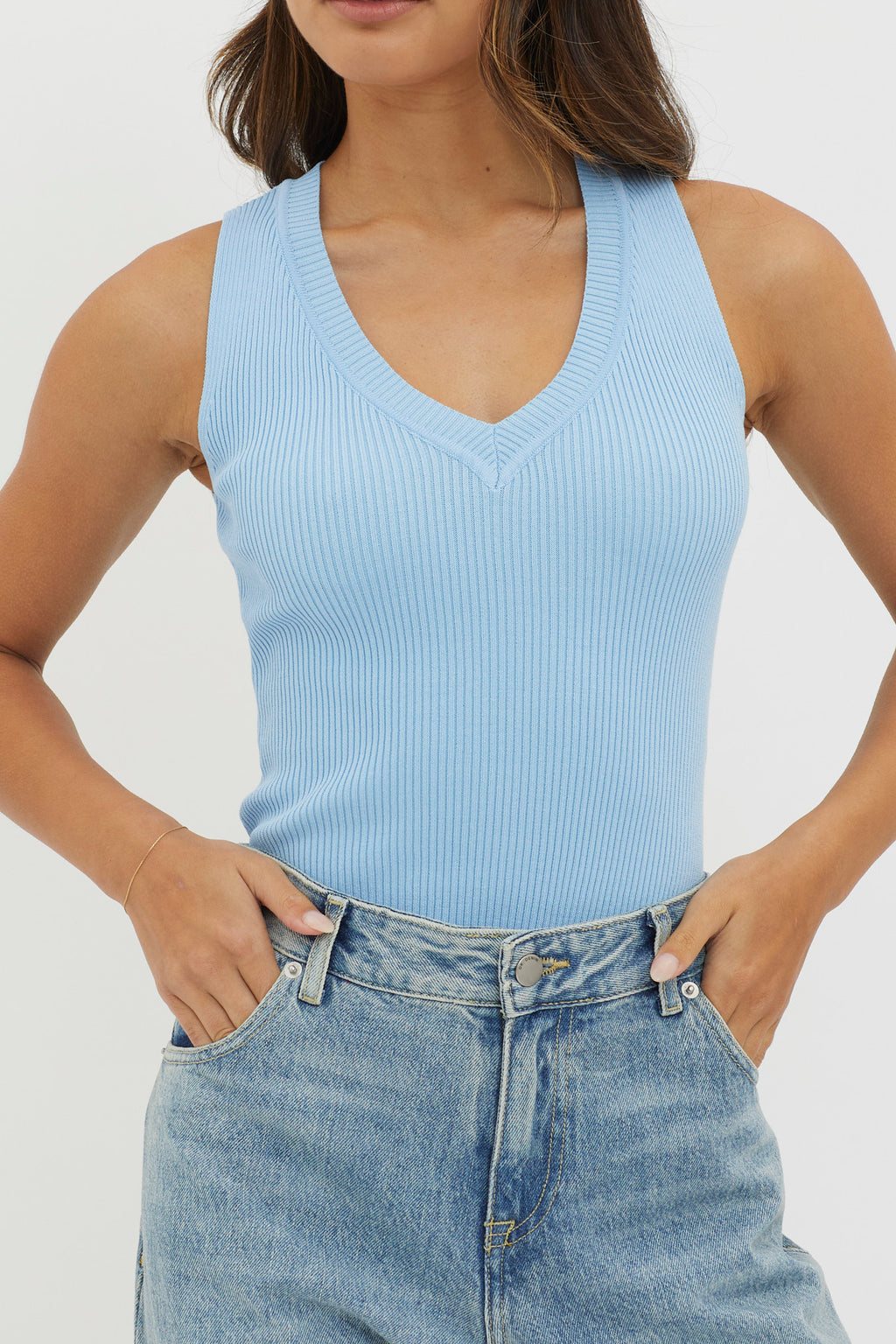 D'Lila V-Neck Ribbed Knit Top Baby Blue by Selfie Leslie