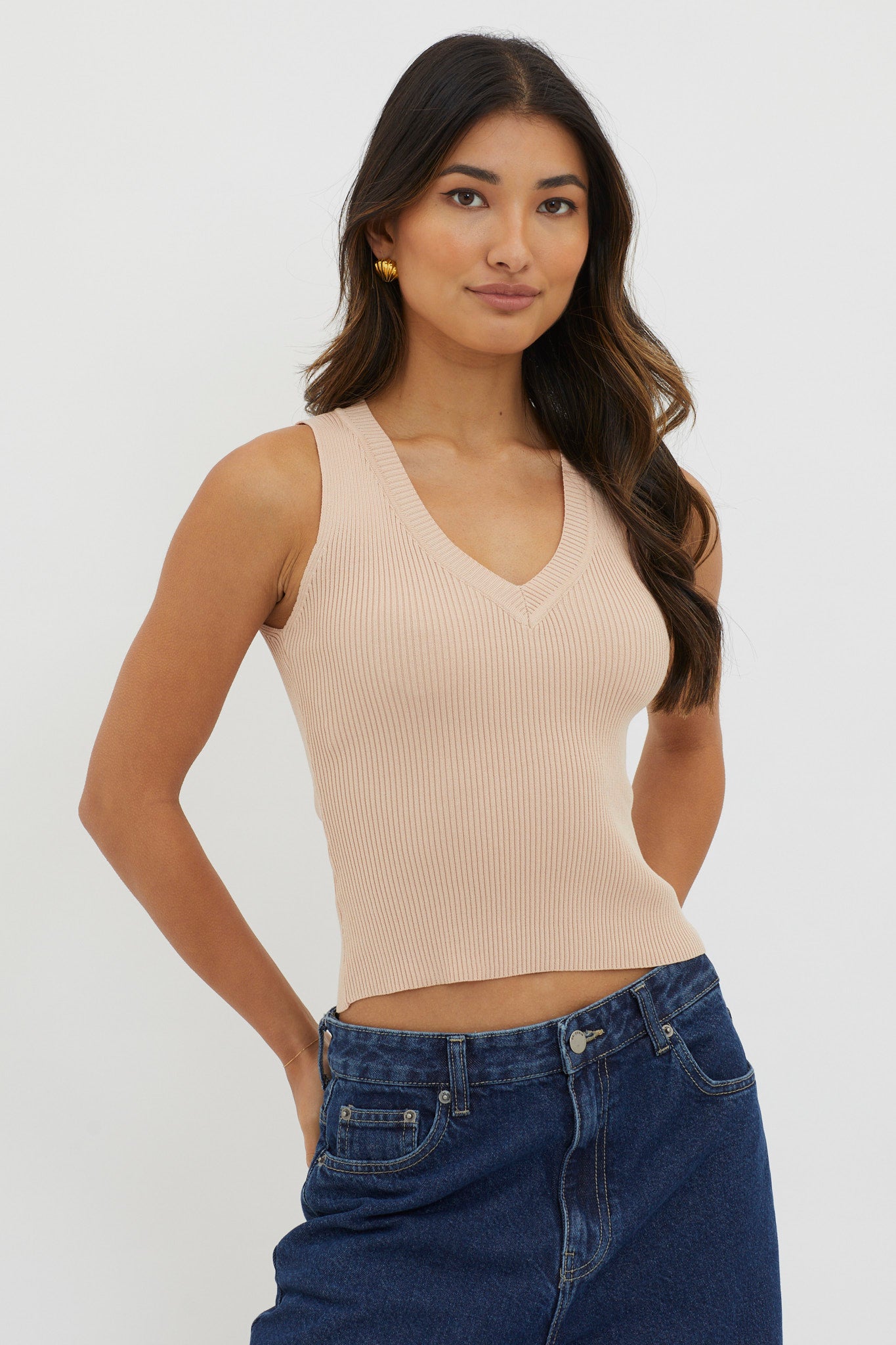 D'Lila V-Neck Ribbed Knit Top Beige by Selfie Leslie