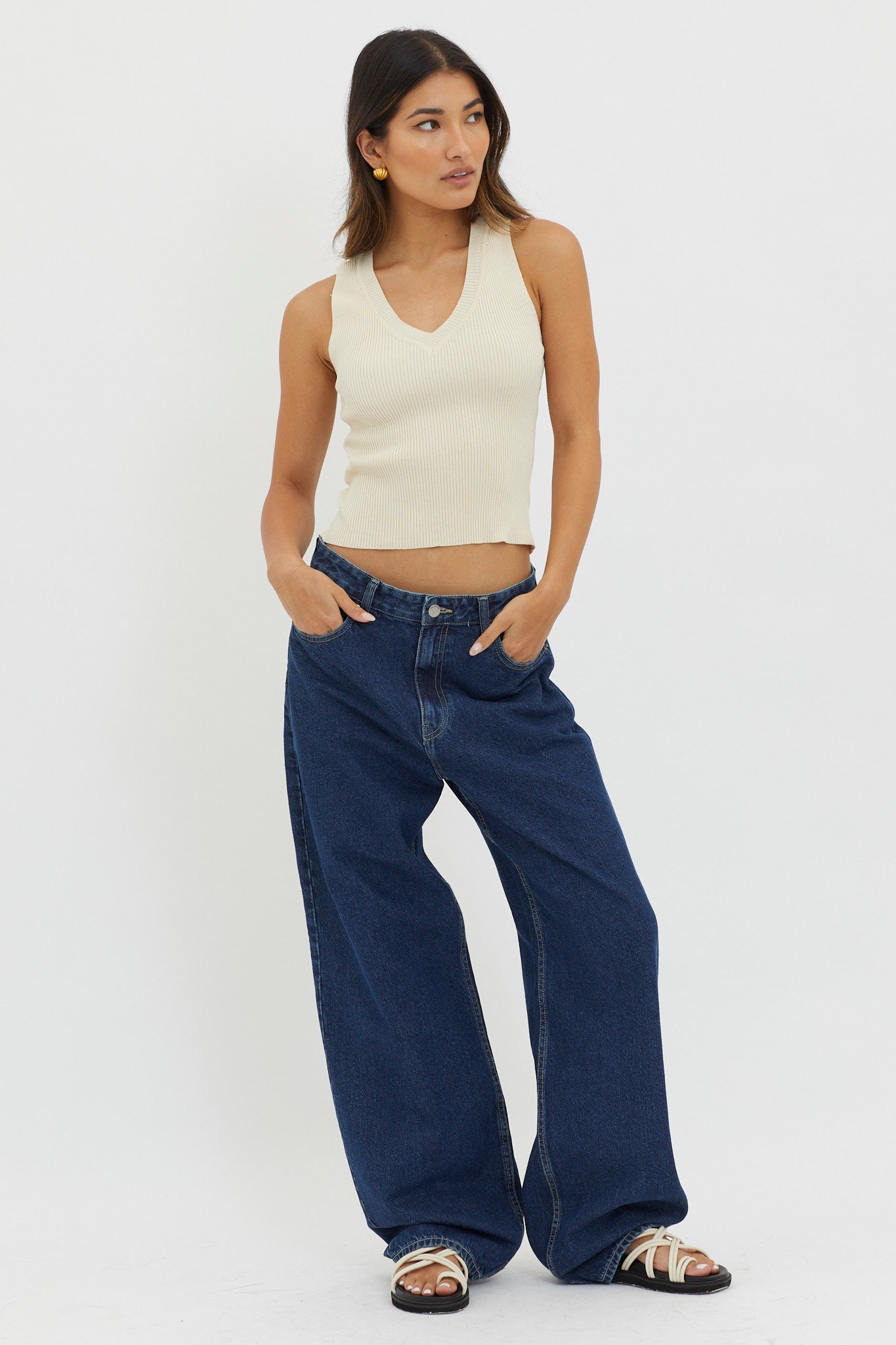 D'Lila V-Neck Ribbed Knit Top Cream by Selfie Leslie