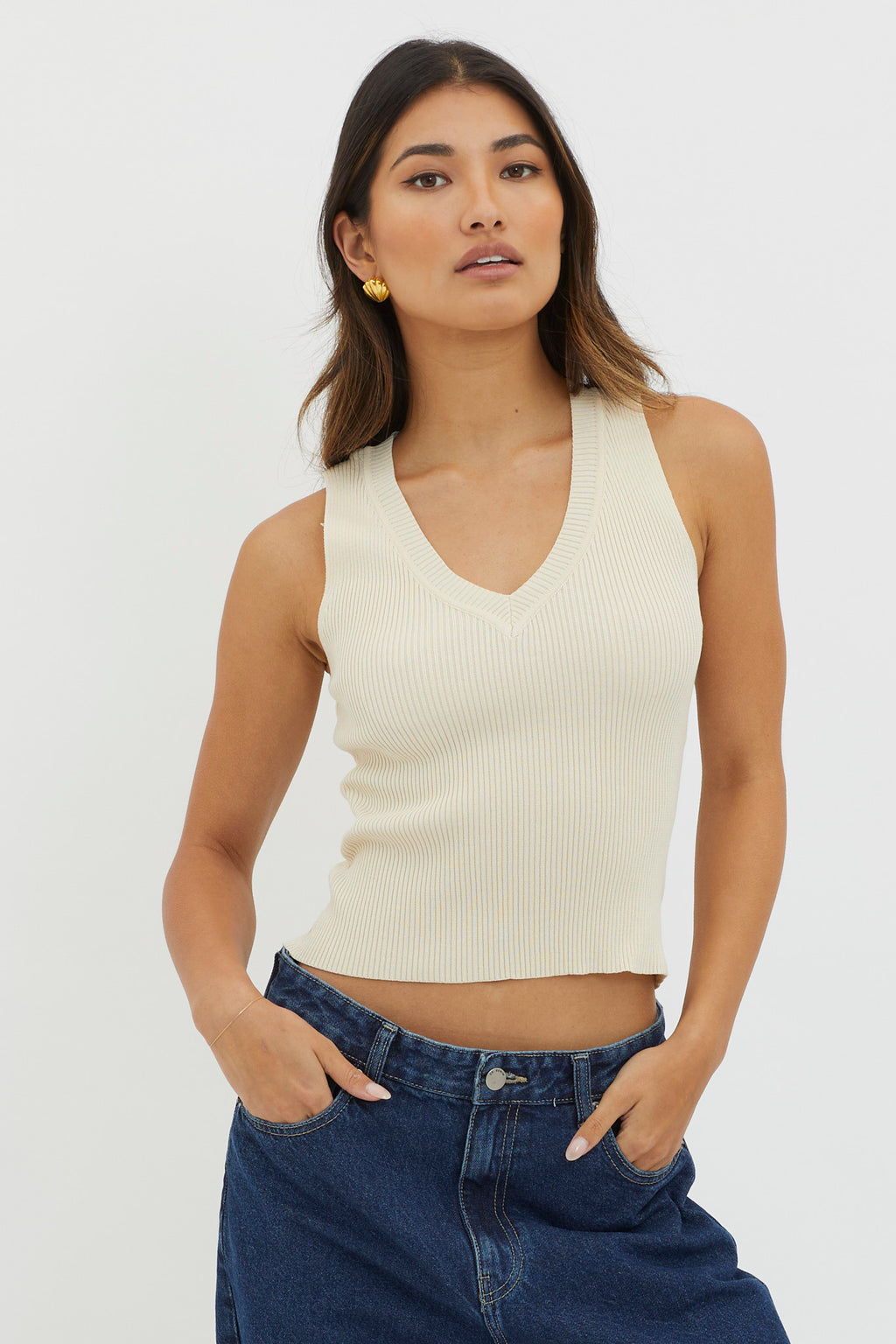D'Lila V-Neck Ribbed Knit Top Cream by Selfie Leslie
