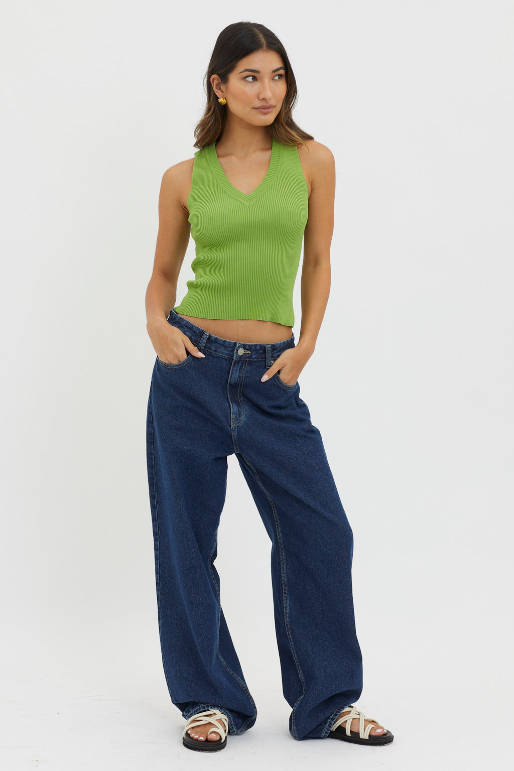 D'Lila V-Neck Ribbed Knit Top Green by Selfie Leslie