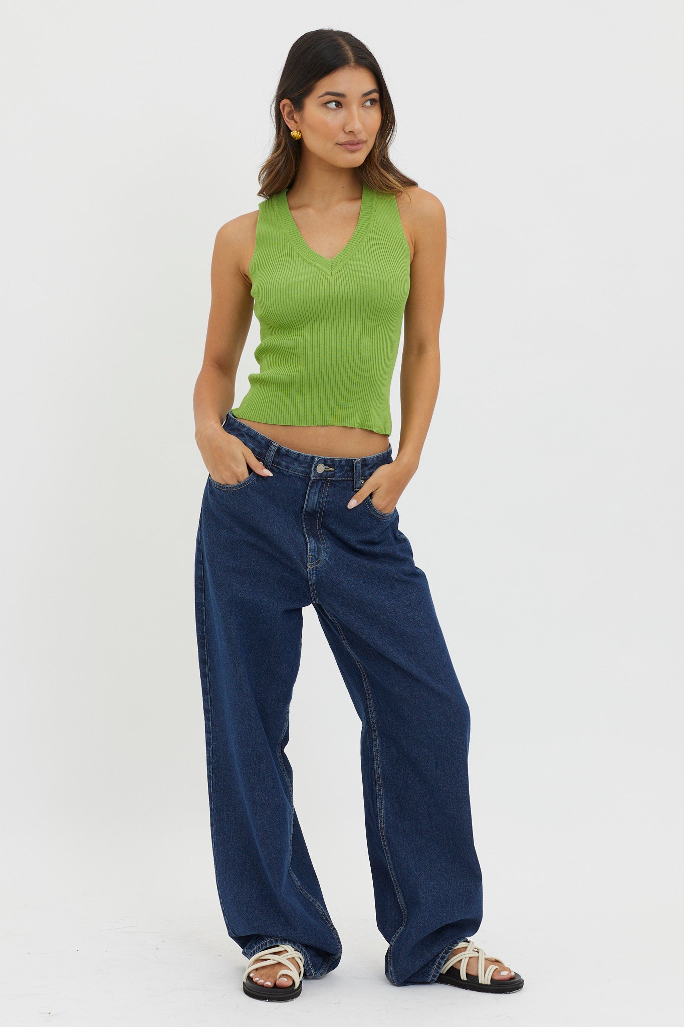 D'Lila V-Neck Ribbed Knit Top Green by Selfie Leslie