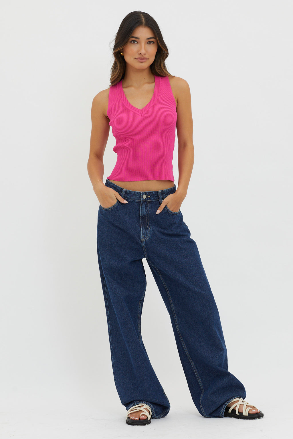 D'Lila V-Neck Ribbed Knit Top Hot Pink by Selfie Leslie