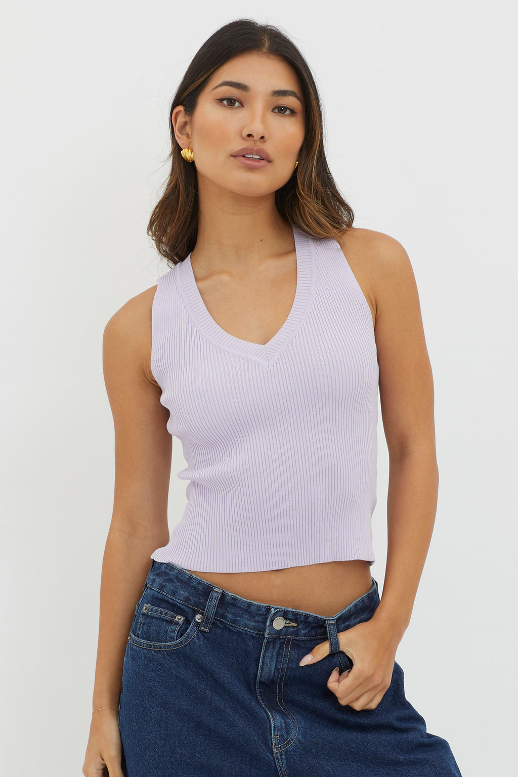 D'Lila V-Neck Ribbed Knit Top Lilac by Selfie Leslie