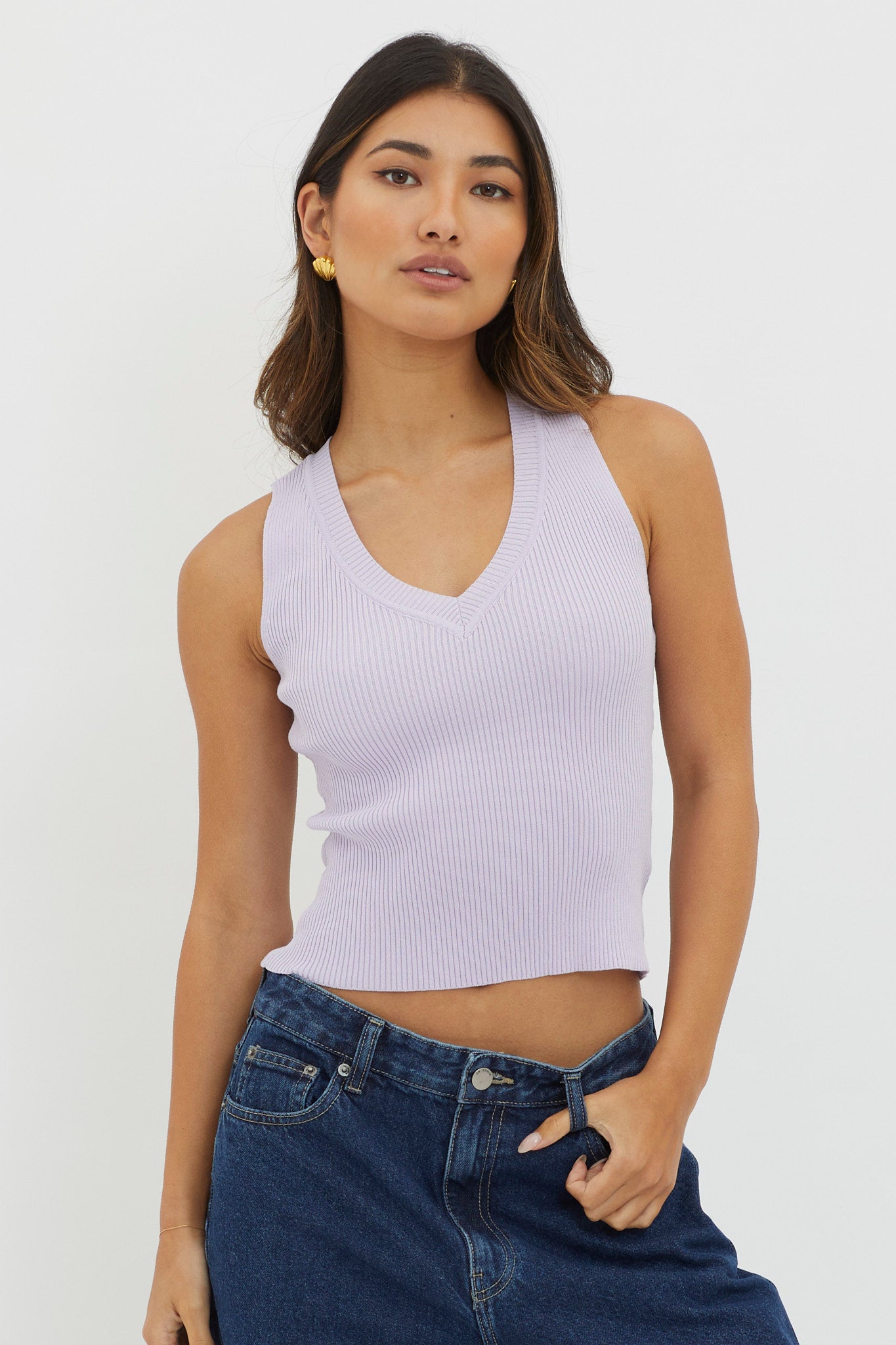 D'Lila V-Neck Ribbed Knit Top Lilac by Selfie Leslie