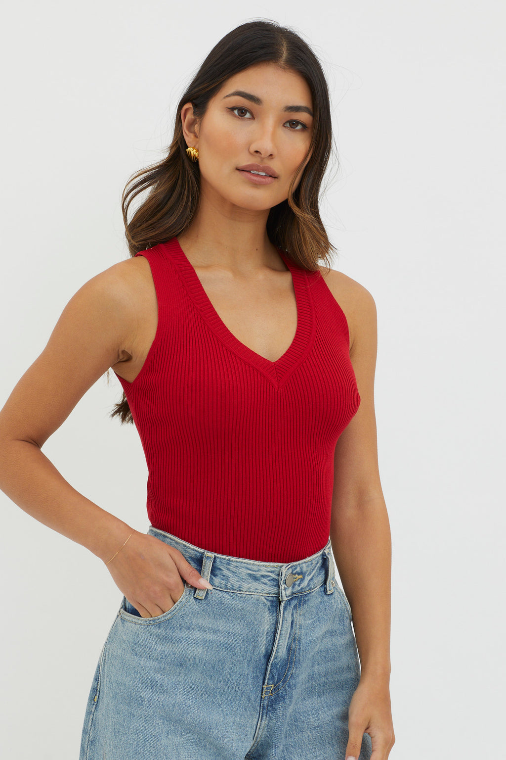 D'Lila V-Neck Ribbed Knit Top Maroon by Selfie Leslie