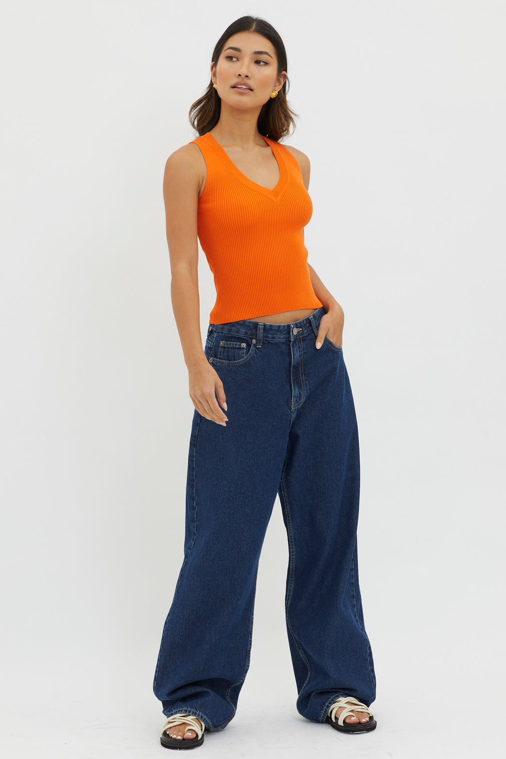 D'Lila V-Neck Ribbed Knit Top Orange by Selfie Leslie