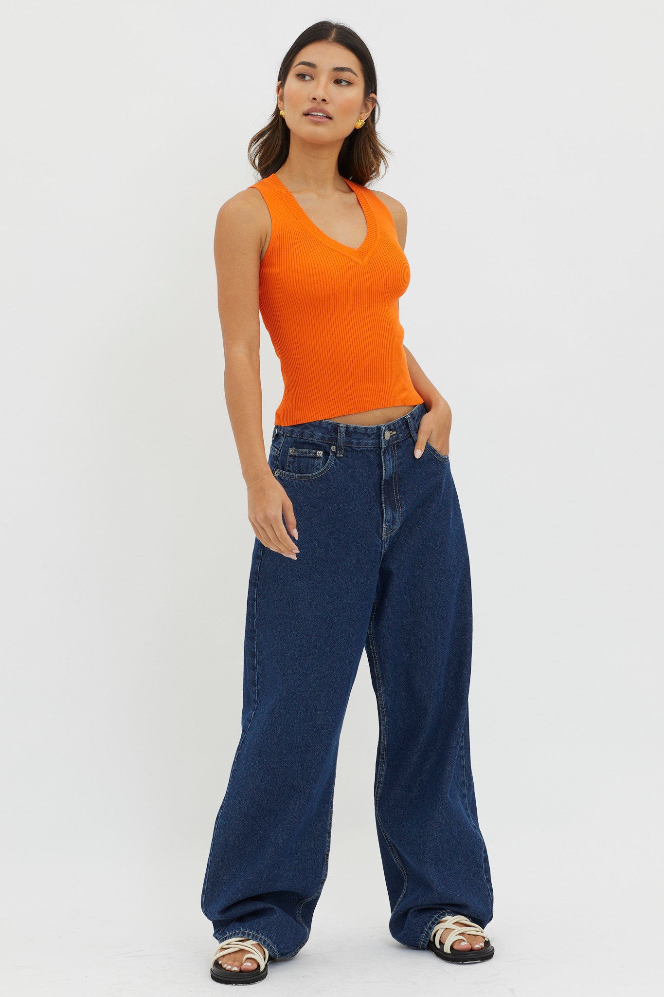 D'Lila V-Neck Ribbed Knit Top Orange by Selfie Leslie