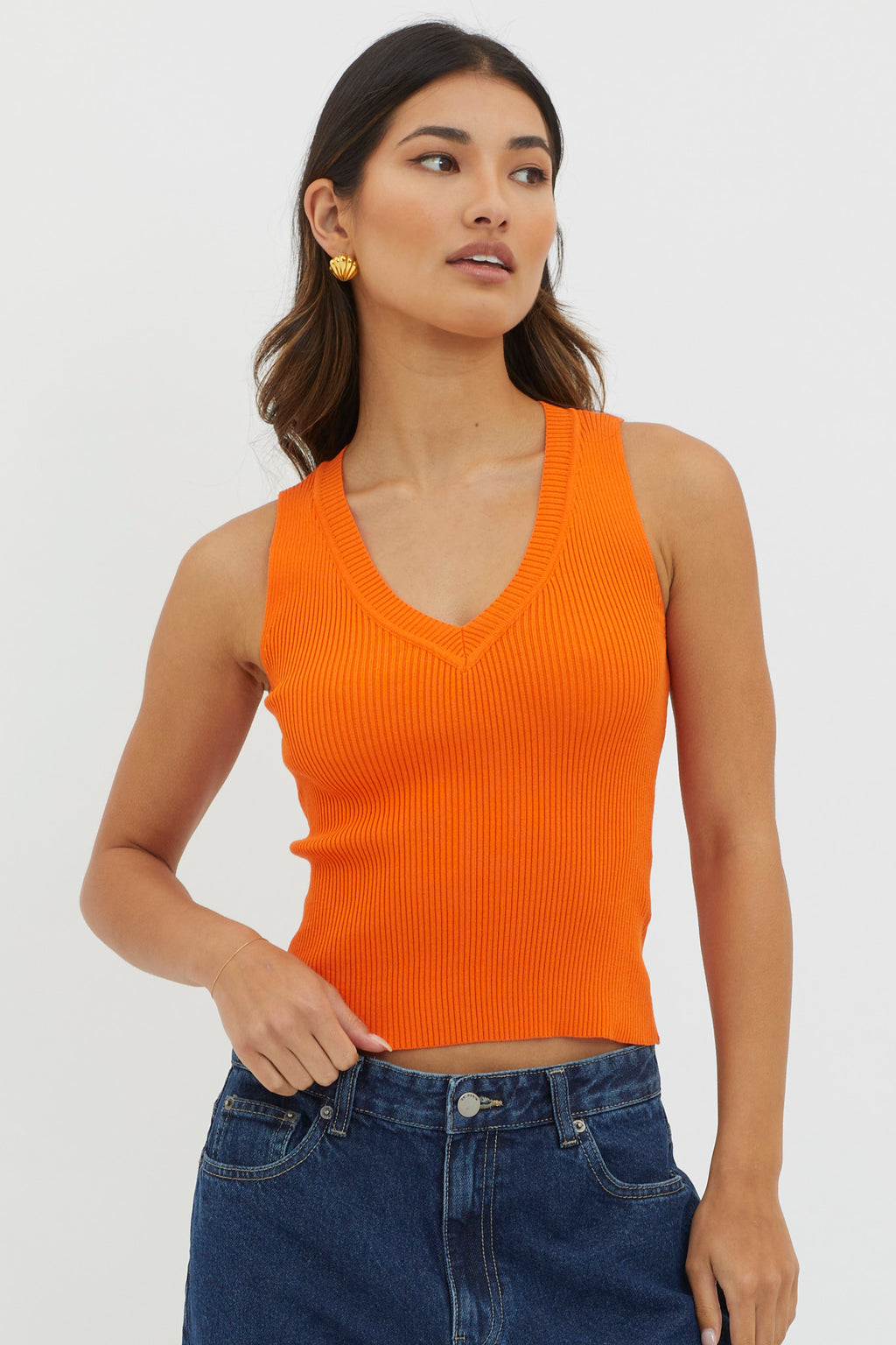 D'Lila V-Neck Ribbed Knit Top Orange by Selfie Leslie