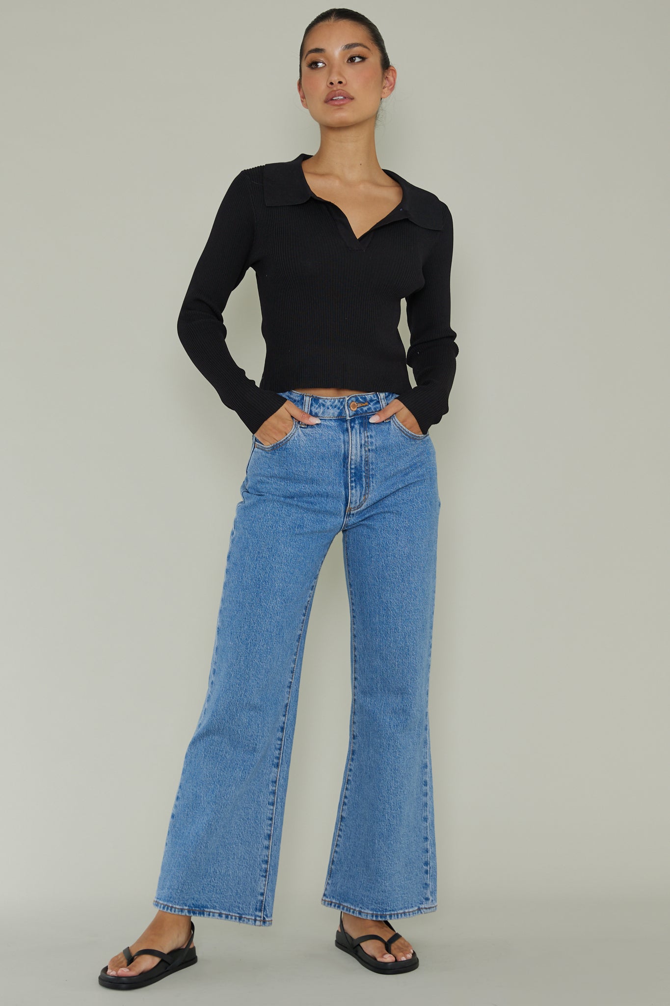 Lake Days Collared Knit Top Black by Selfie Leslie