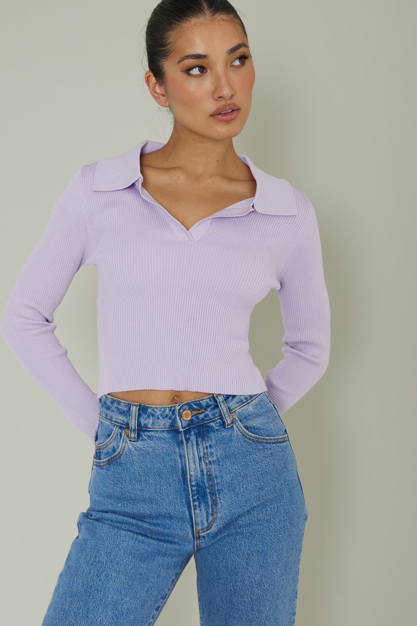 Lake Days Collared Knit Top Lilac by Selfie Leslie
