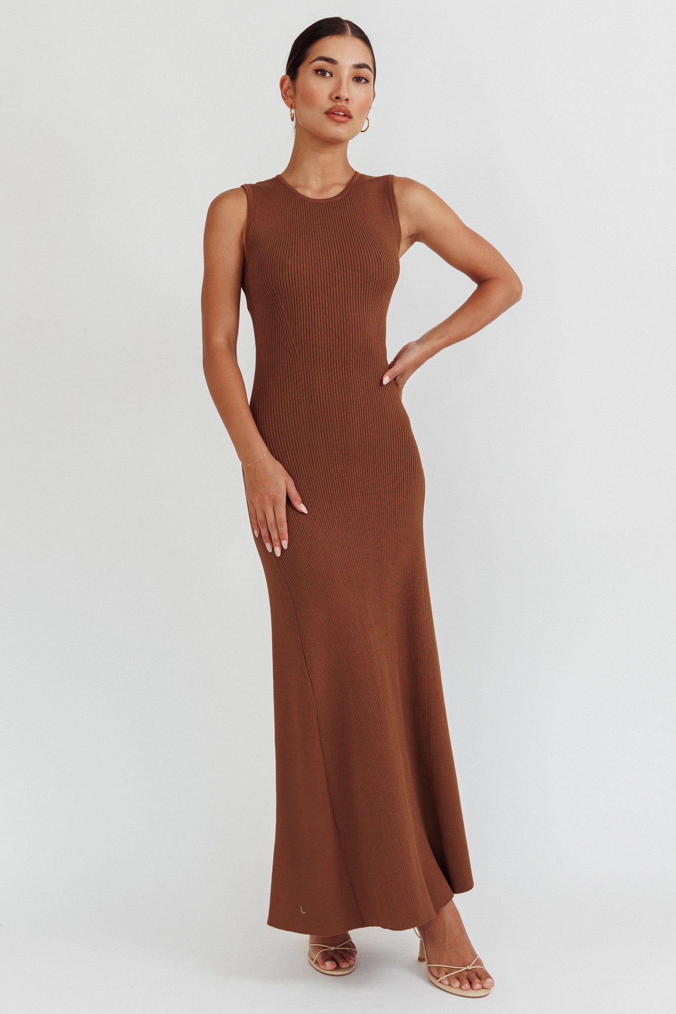 Braylee Sleeveless Ribbed Knit Maxi Dress Chocolate by Selfie Leslie