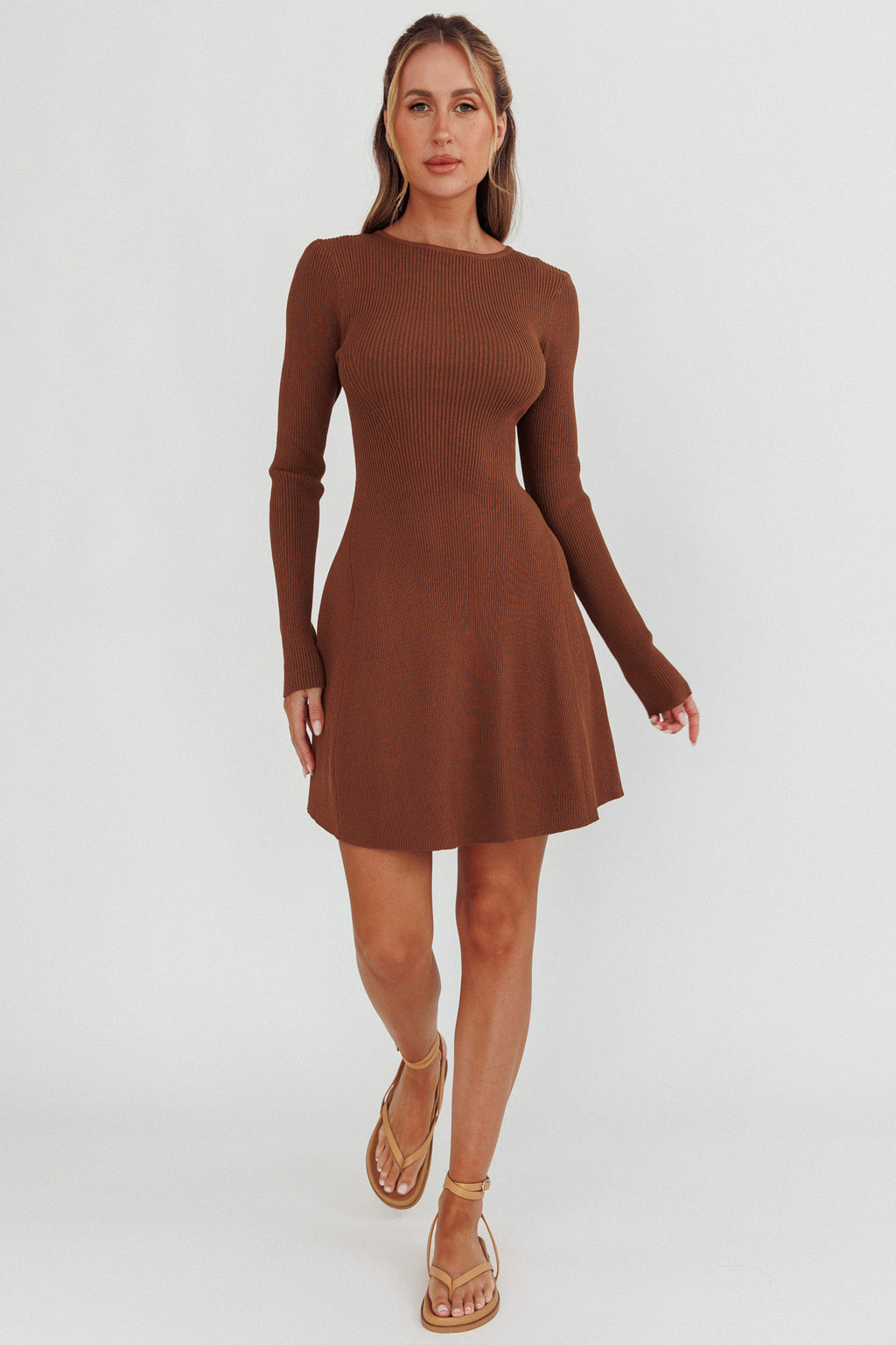 Intuitions Long Sleeve Ribbed Knit Dress Chocolate by Selfie Leslie