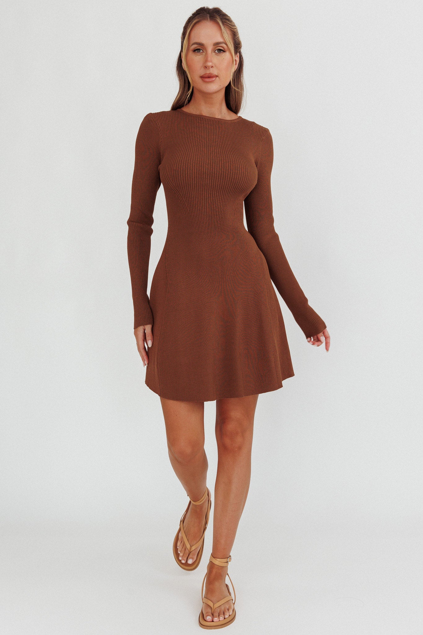 Intuitions Long Sleeve Ribbed Knit Dress Chocolate by Selfie Leslie