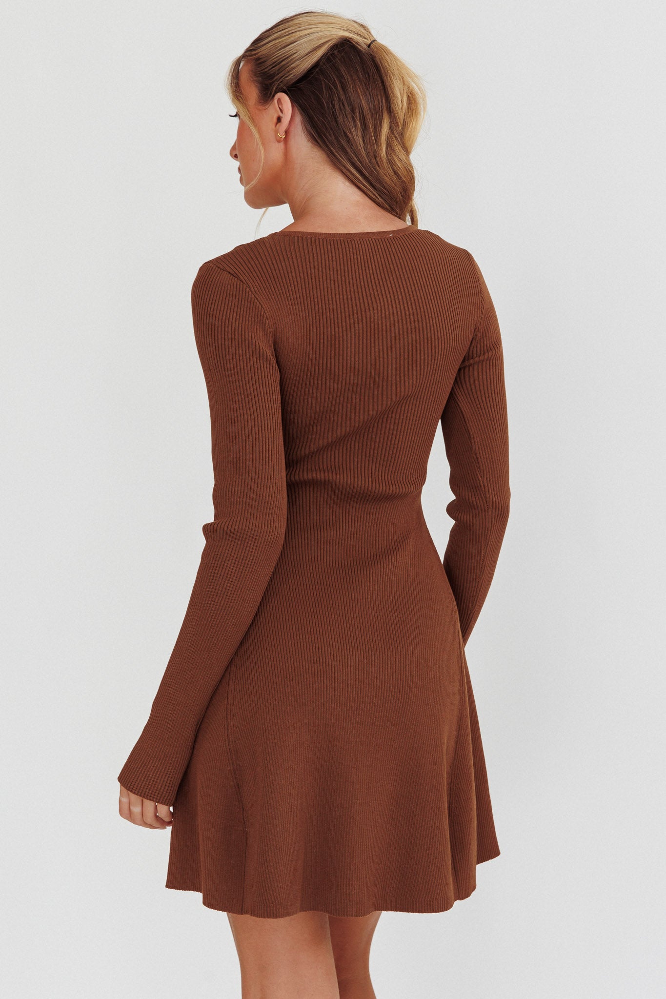 Intuitions Long Sleeve Ribbed Knit Dress Chocolate by Selfie Leslie