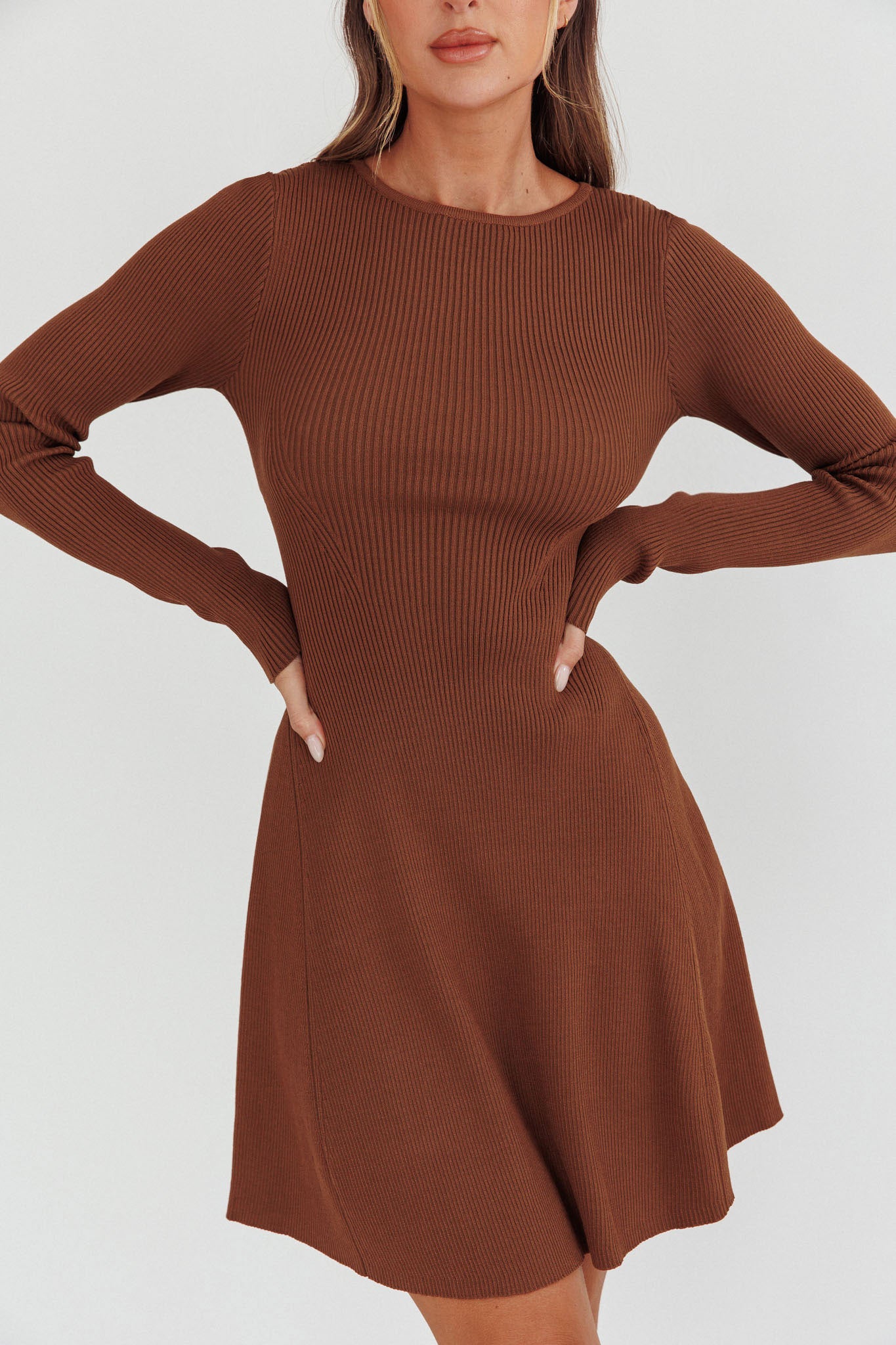 Intuitions Long Sleeve Ribbed Knit Dress Chocolate by Selfie Leslie