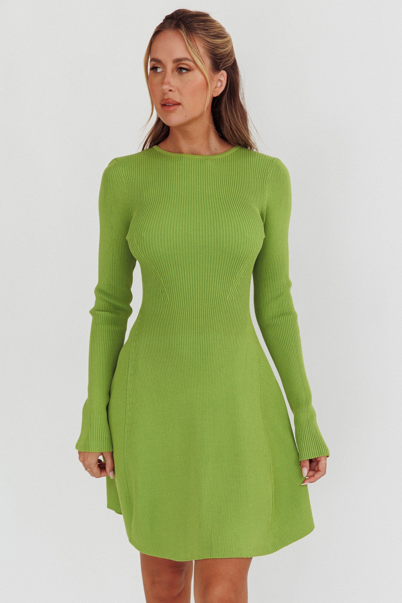 Intuitions Long Sleeve Ribbed Knit Dress Green by Selfie Leslie