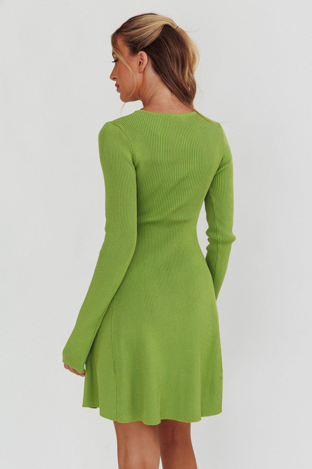 Intuitions Long Sleeve Ribbed Knit Dress Green by Selfie Leslie