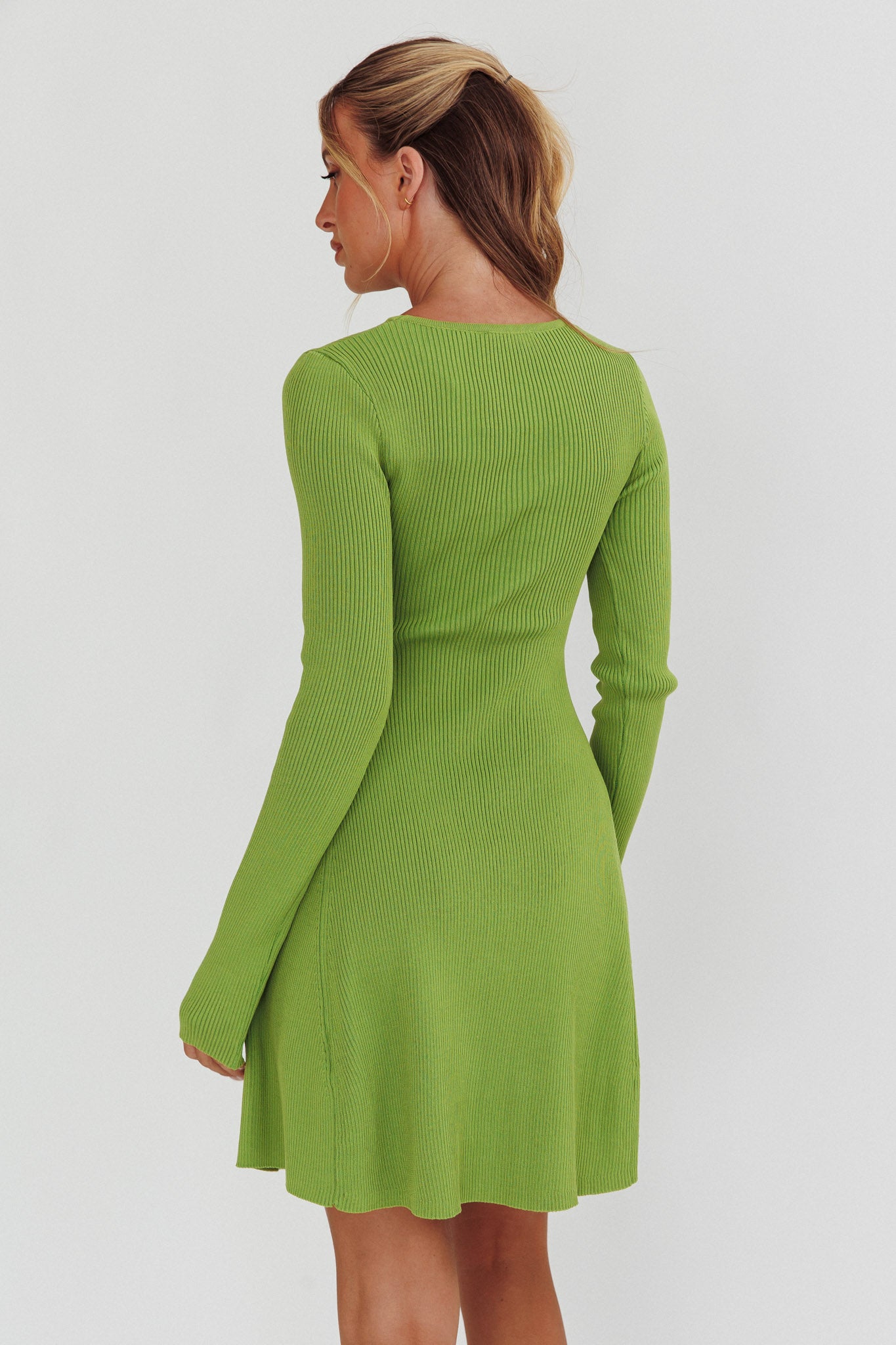 Intuitions Long Sleeve Ribbed Knit Dress Green by Selfie Leslie