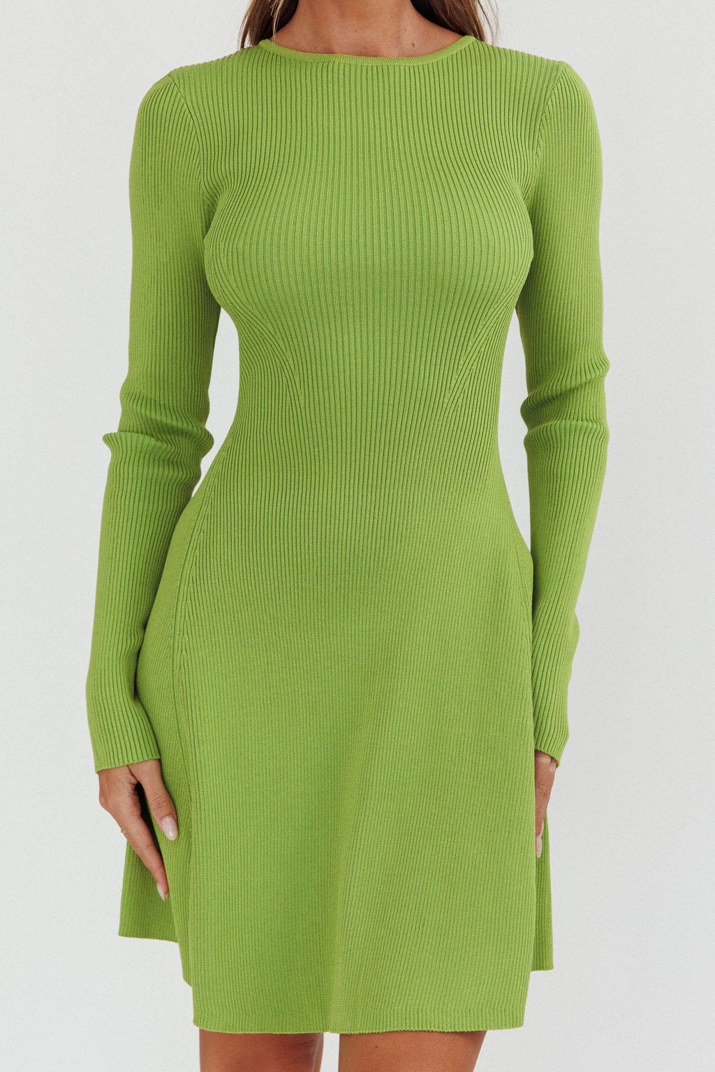 Intuitions Long Sleeve Ribbed Knit Dress Green by Selfie Leslie