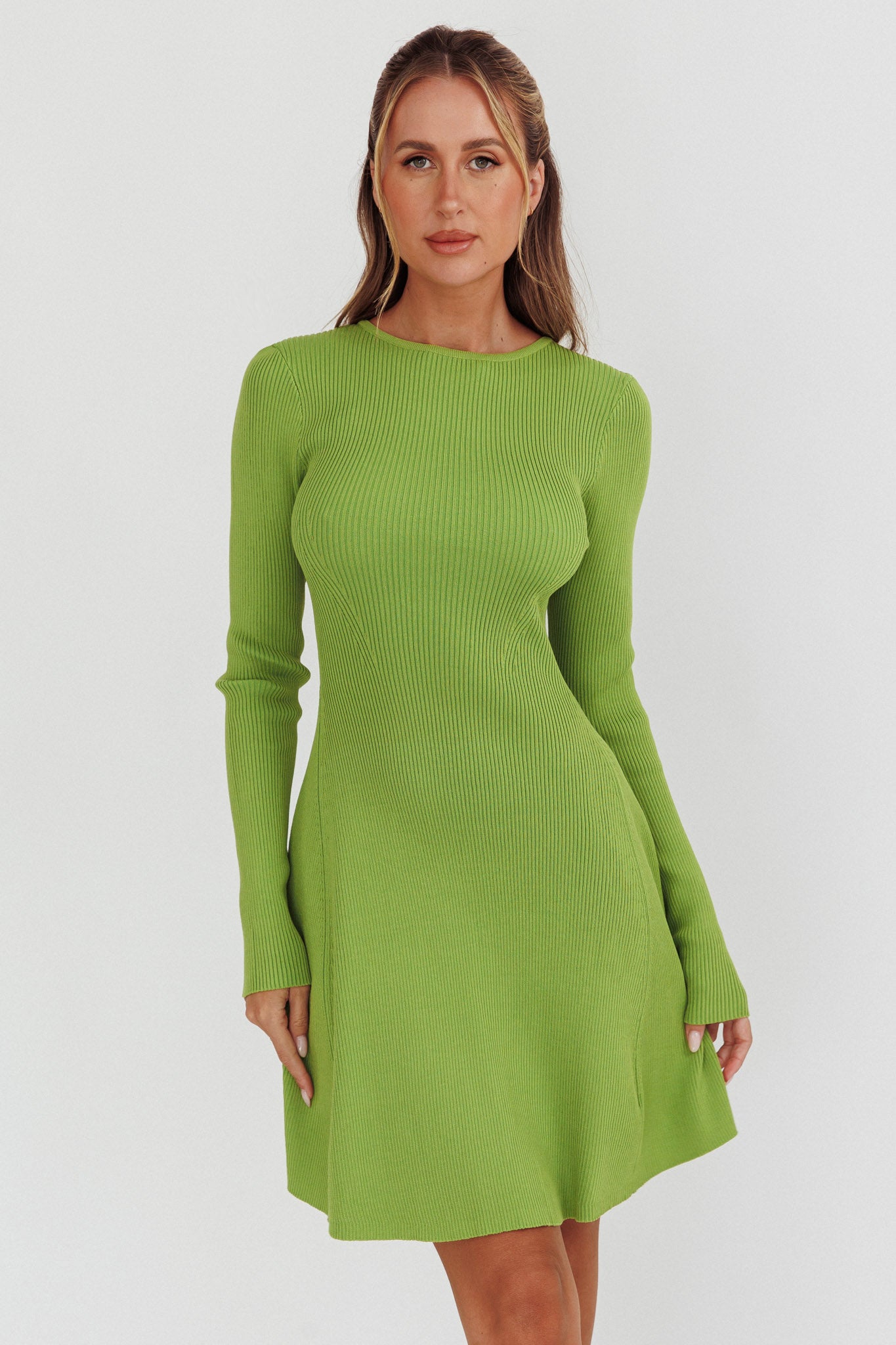 Intuitions Long Sleeve Ribbed Knit Dress Green by Selfie Leslie