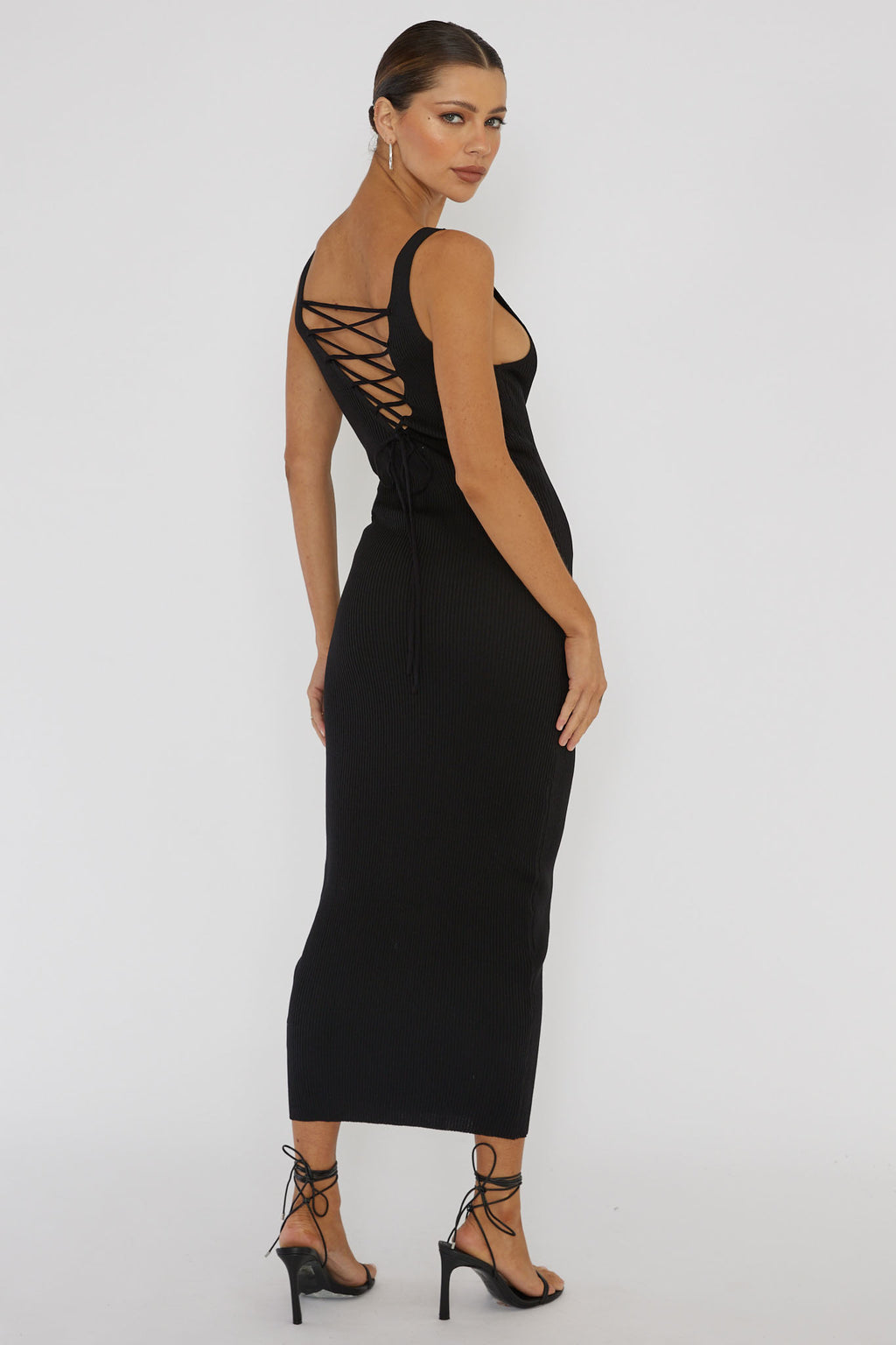 Linzi Lace-Up Back Knit Midi Dress Black by Selfie Leslie
