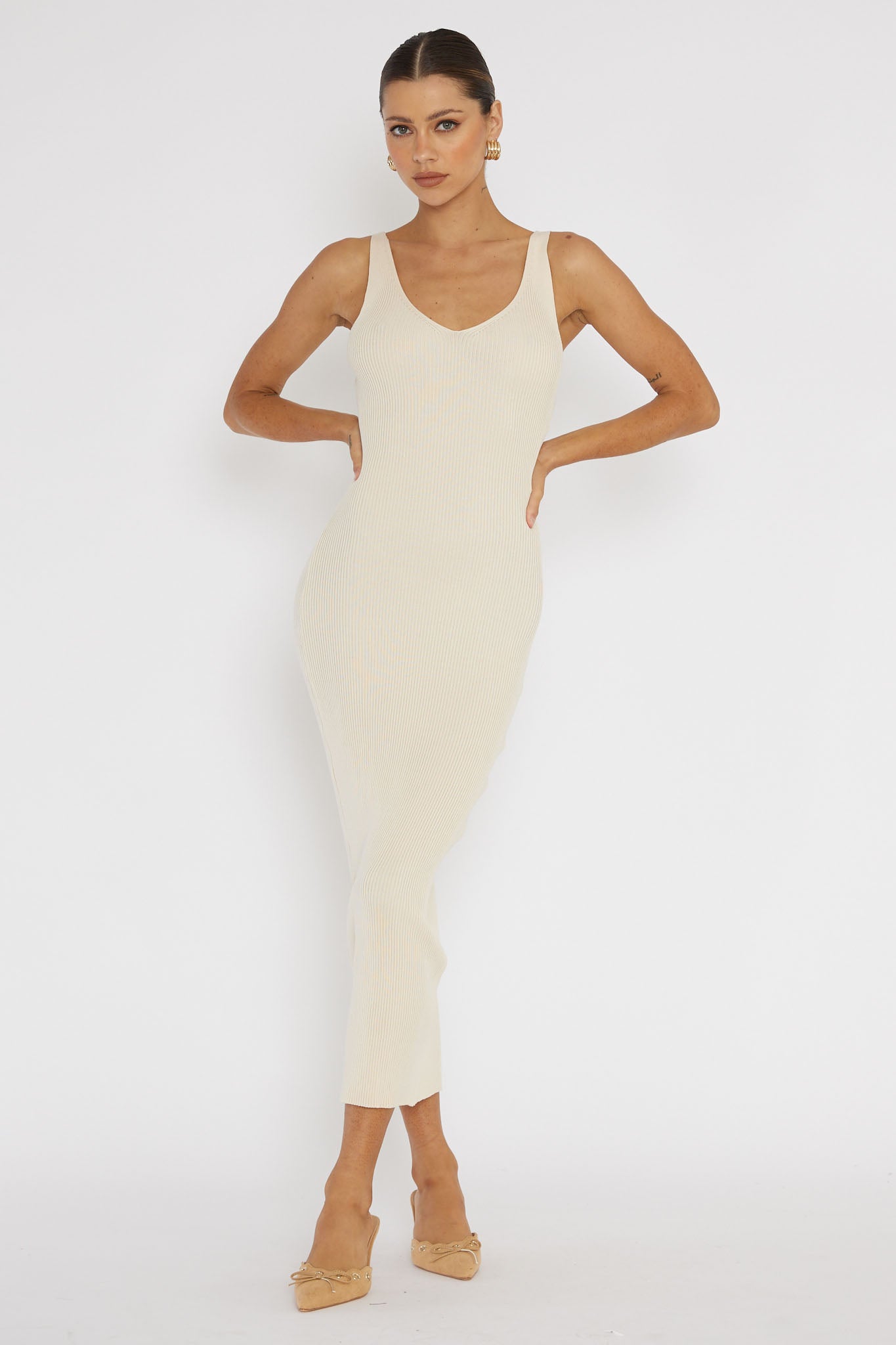 Linzi Lace-Up Back Knit Midi Dress Cream by Selfie Leslie
